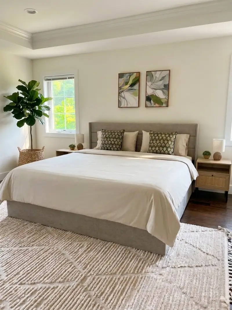 Primary bedroom made up with layered bedding