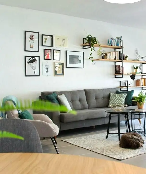Family room with a floor-to-ceiling gallery wall